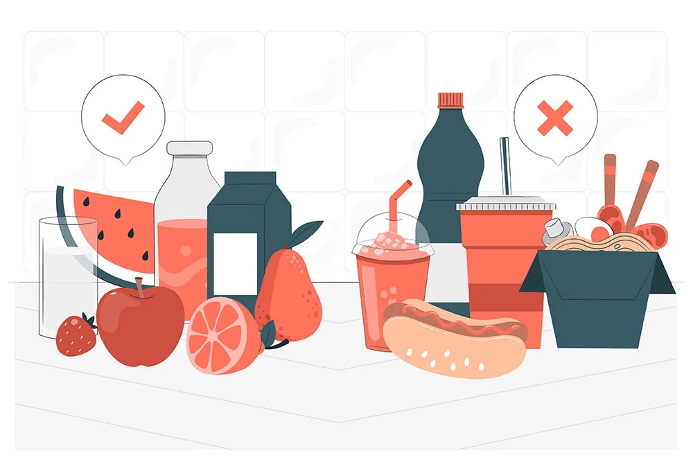 Illustration comparing healthy foods (fruits, milk) with checkmark versus unhealthy foods (soda, fast food) with X mark