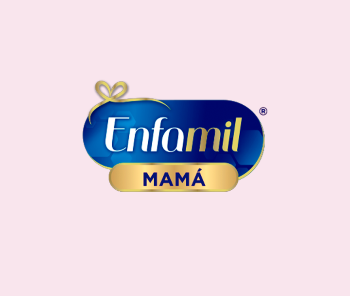 Logo de Enfamil Mamá con descripción de nutrientes clave como DHA, ácido fólico, hierro, vitamina D, calcio y MFGM para mujeres embarazadas y en lactancia.