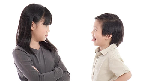 Girl with crossed arms and boy sticking out tongue