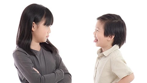 Girl with crossed arms and boy sticking out tongue