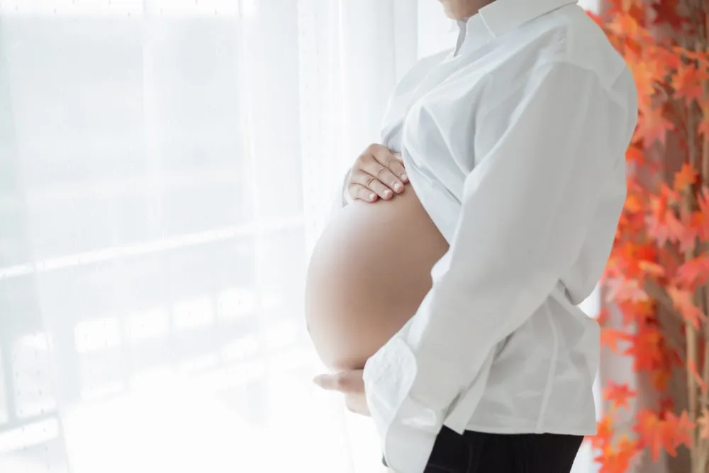 Pregnant woman gently holding her belly near a window, symbolizing anticipation and comfort. 
