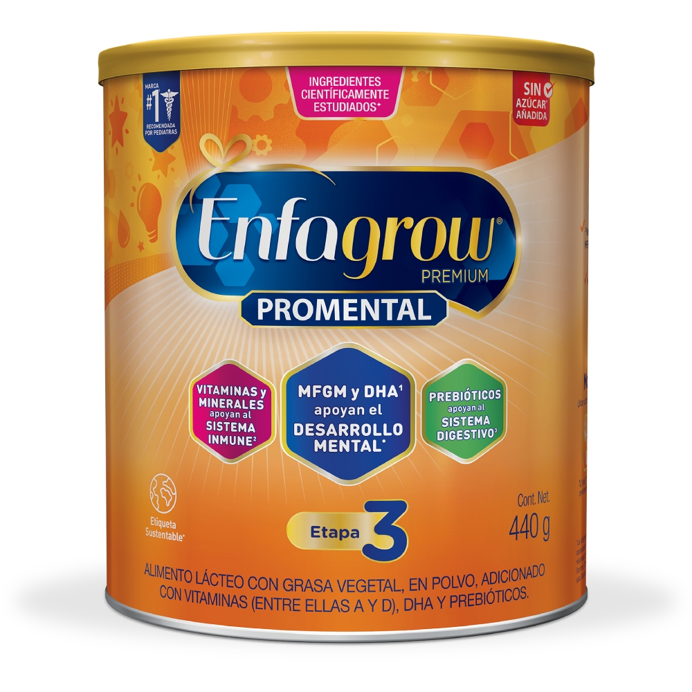 Fórmula mejorada, única con MFGM, sin azúcares añadidos, con DHA+ y otros nutrientes que complementa la alimentación adecuada para el desarrollo del niño.