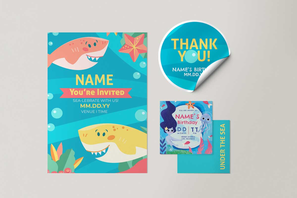 Ocean-Themed Invitations with Cartoon Sharks and Sea Elements