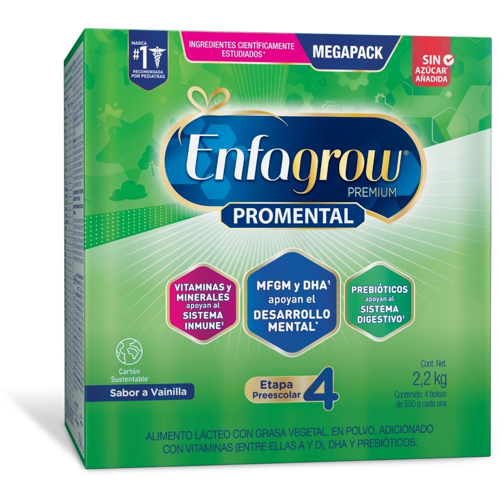 Fórmula mejorada, única con MFGM, sin azúcares añadidos, con DHA+ y otros nutrientes que complementa la alimentación adecuada para el desarrollo del niño.