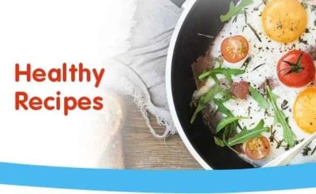 Healthy Recipes banner with eggs and tomatoes dish on skillet