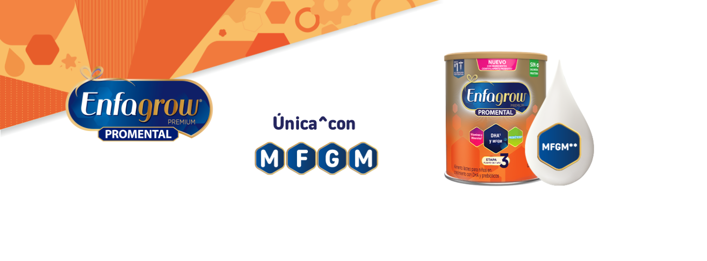 Lata de Enfagrow ProMental junto a ilustración de gota de leche con MFGM, destacando que es la única fórmula infantil recomendada con este ingrediente para el desarrollo mental.