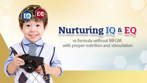 Child Holding Camera And Smiling, With Text 'Nurturing IQ & EQ' And Hexagonal Figures Above