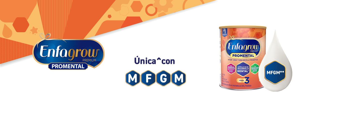 Lata de Enfagrow ProMental junto a ilustración de gota de leche con MFGM, destacando que es la única fórmula infantil recomendada con este ingrediente para el desarrollo mental.