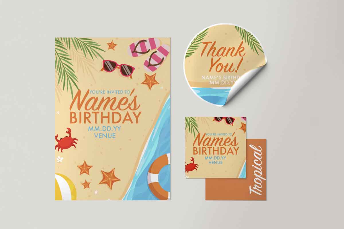 Cartoon Beach Scene Birthday Invitation with Crab, Palm Fronds, and Starfish