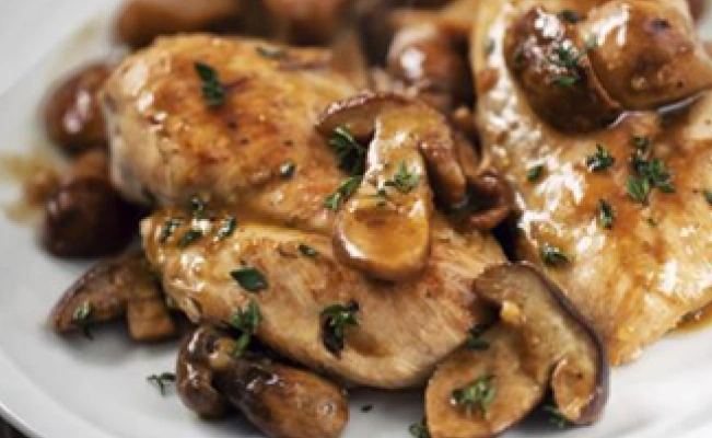 Chick and mushroom salpicao dish served on white platter