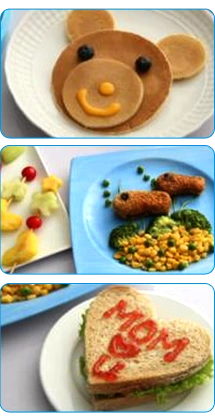 Pancake art in the shape of a bear, vegetables on platter, and a heart-shaped sandwich