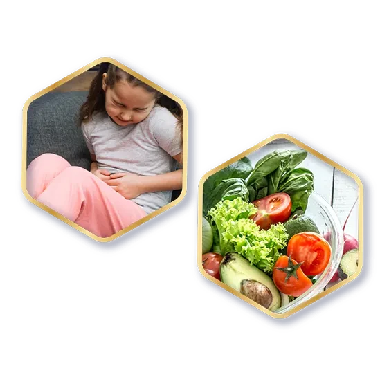 Icons that show girl with digestive pain and vegetables close-up