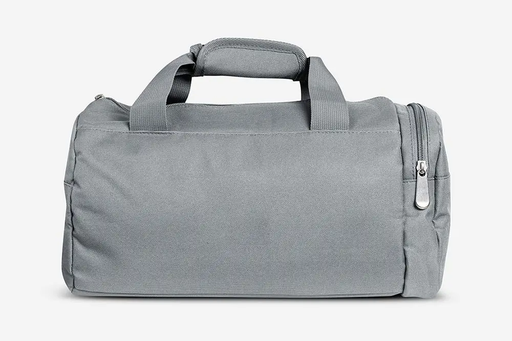 Gray duffel bag with handles and zippered compartment