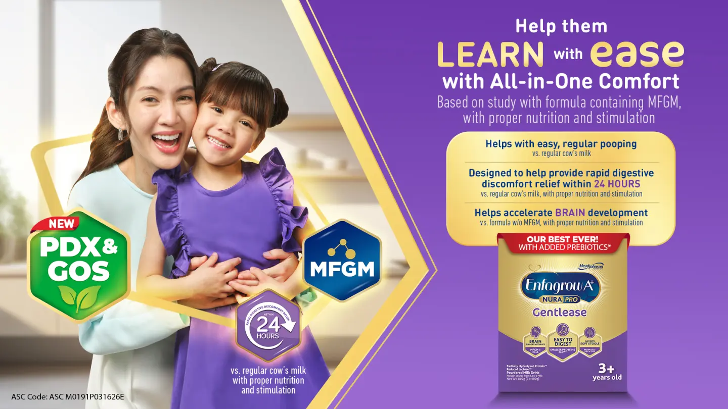 Enfagrow Gentlease 3+ formula package displayed with icons showing PDX & GOS prebiotics, MFGM, and 24-hour digestive comfort relief benefits for brain development and easy pooping.