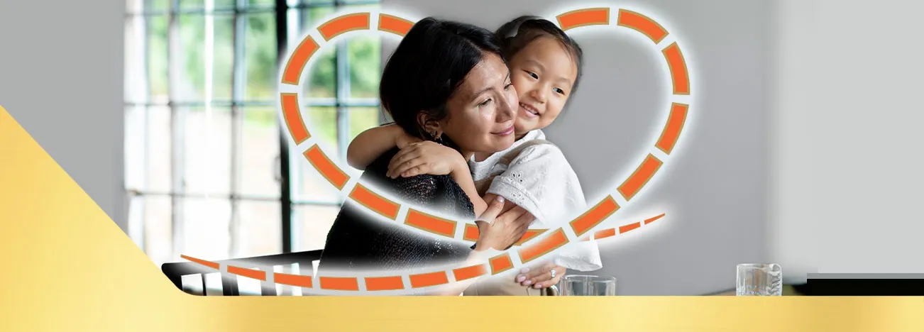 Mother and young daughter embracing warmly, framed by an orange dashed heart outline.