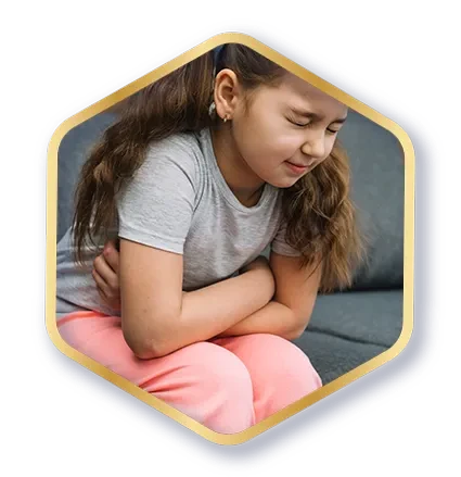 Icon showing young girl clutching stomach in digestive pain.