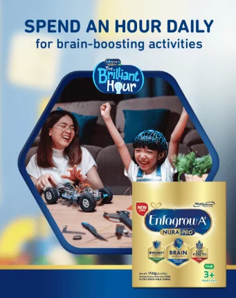 Advertisement Featuring Adult And Child Working On Small Robot With 'The Brilliant Hour' Logo, And Enfagrow A Nura Pro Can Highlighting 'Immunity,' 'Brain,' And 'Gut Health' For Ages 3+ 