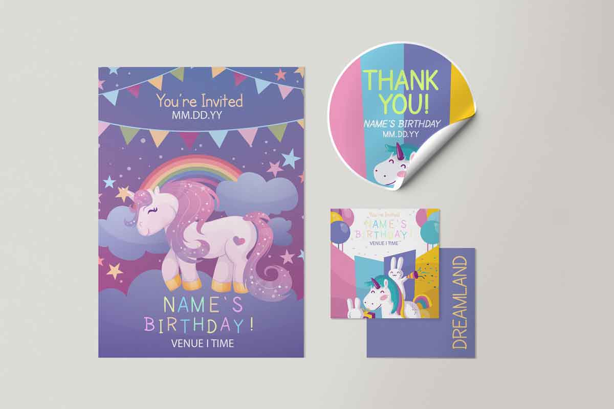 Whimsical Invitation and Thank You Cards with Unicorn and Pastel Design