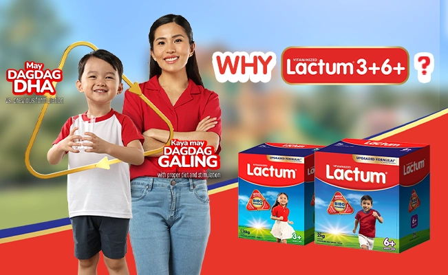 Lactum milk ad with mother, child, and product boxes.