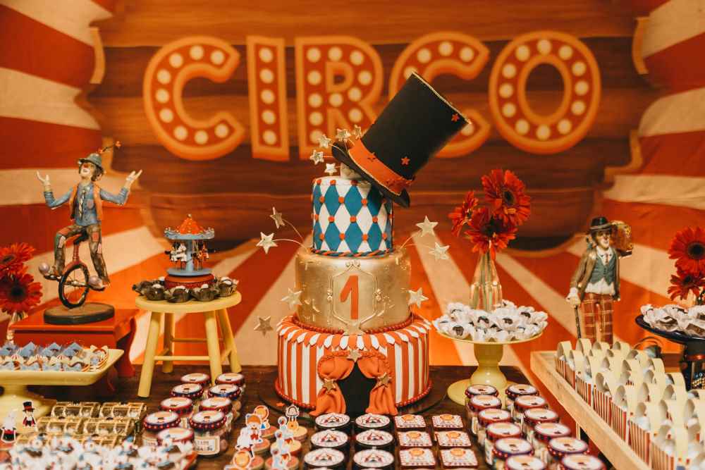 Circus-Themed Party with Multi-Tier Cake and Dessert Table