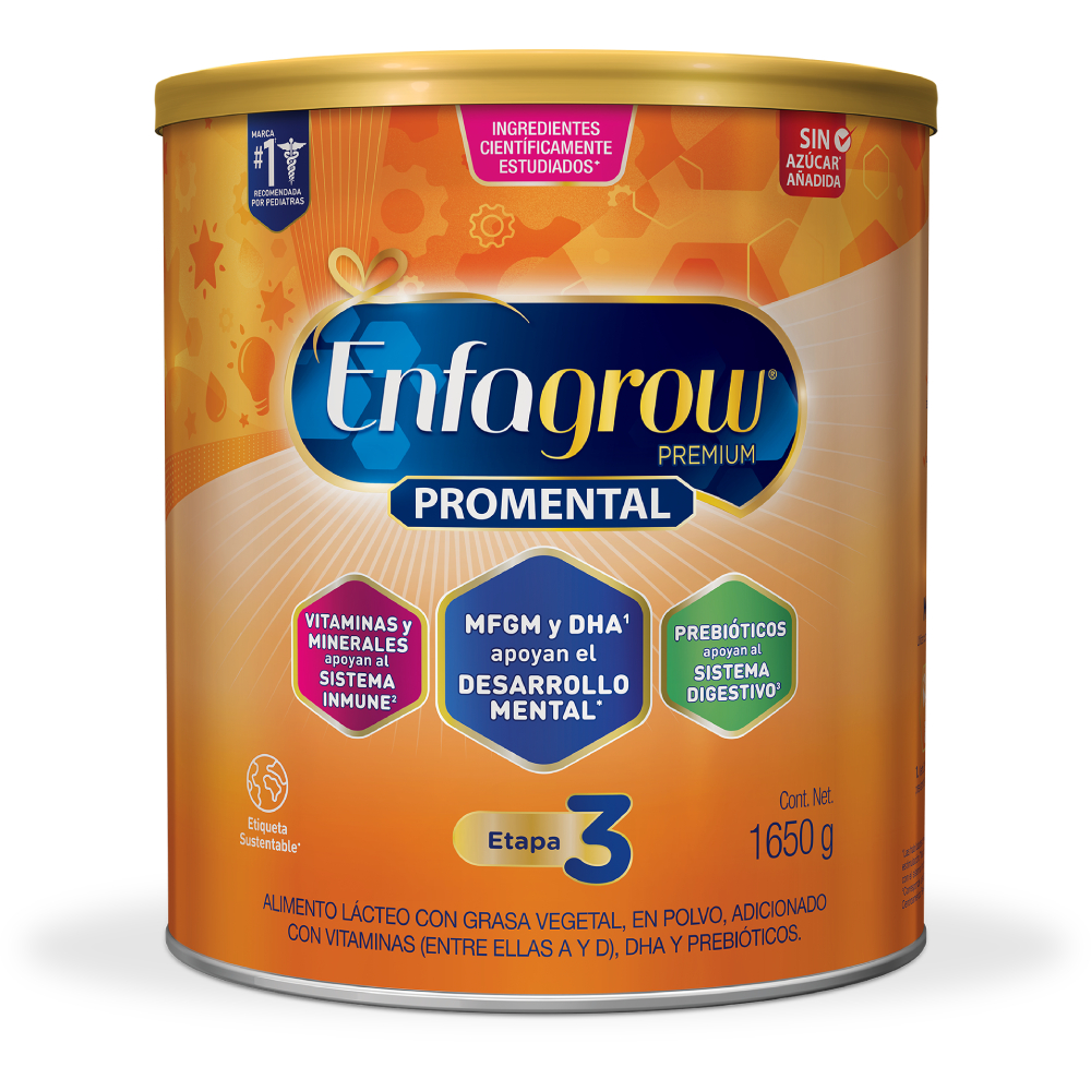 Fórmula mejorada, única con MFGM, sin azúcares añadidos, con DHA+ y otros nutrientes que complementa la alimentación adecuada para el desarrollo del niño.