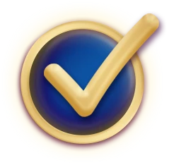 Golden checkmark in blue circle icon.