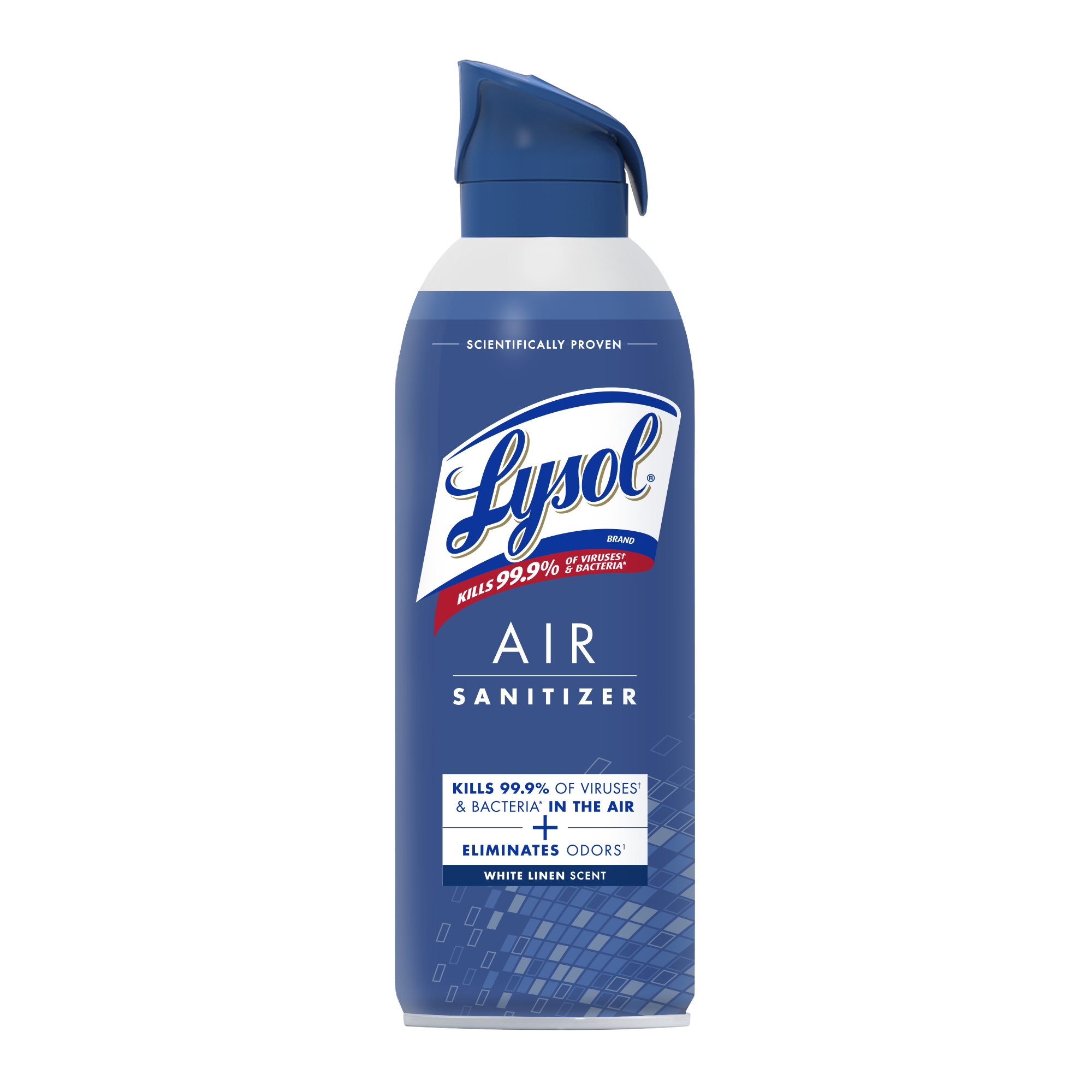 Lysol Air Sanitizer aerosol can with white linen scent packaging displayed on a white background