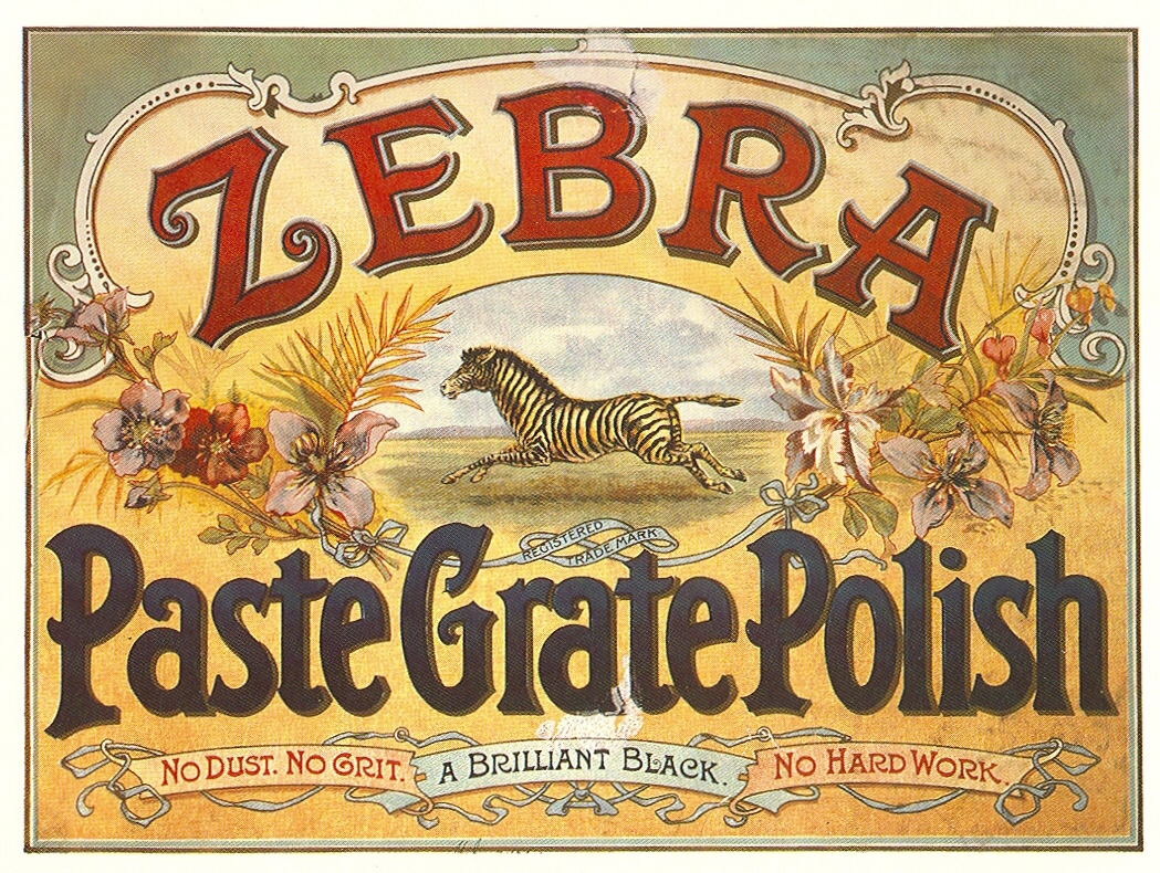 Vintage Zebra paste grate polish advertisement with zebra illustration and decorative design.