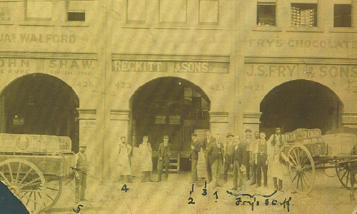 Historic street scene with people standing outside Reckitt & Sons and Fry’s shops with carts.