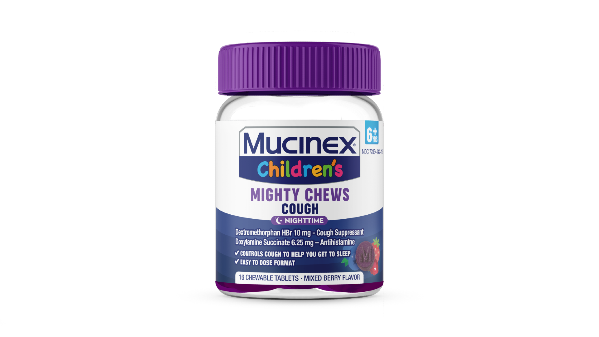 Bottle of Mucinex Children's Mighty Chews Nighttime cough suppressant and antihistamine chewable tablets with mixed berry flavor.