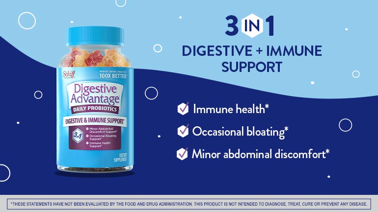 A blue bottle of Schiff Digestive Advantage Daily Probiotics gummies next to text highlighting 3-in-1 digestive and immune support benefits on a blue background.