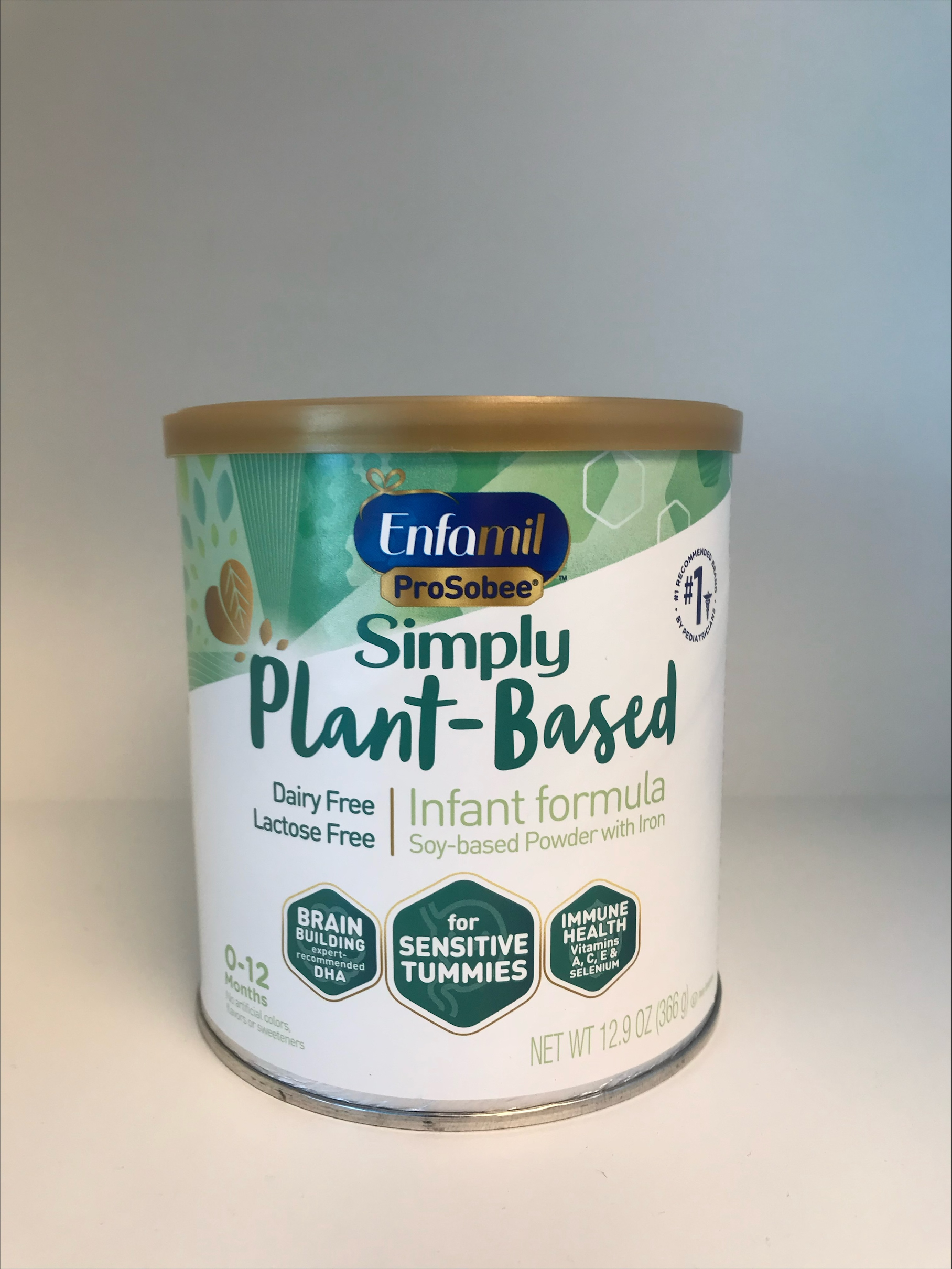 Enfamil ProSobee Simply Plant-Based infant formula can for sensitive tummies displayed on a plain background