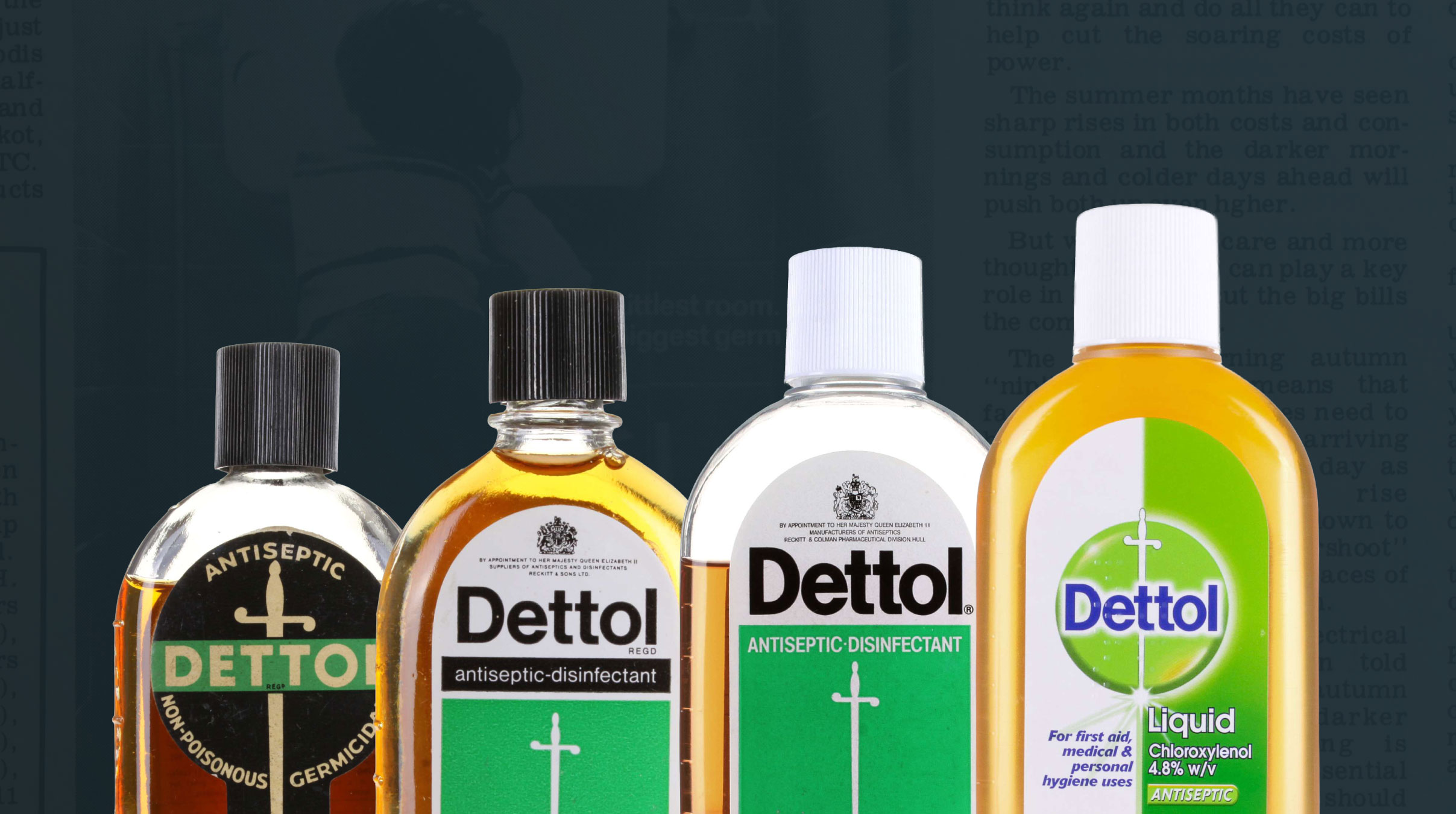 four different bottles of Dettol antiseptic and disinfectant products lined up side by side