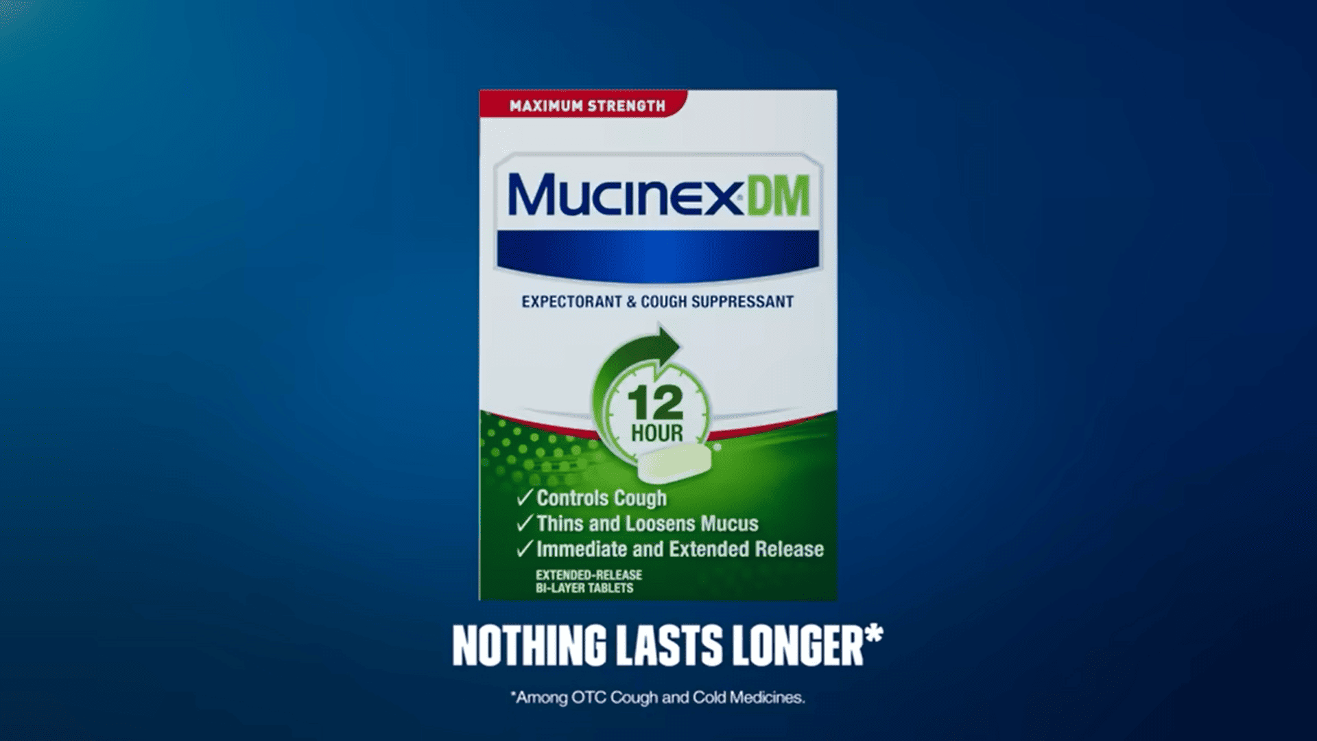Mucinex DM cough medicine package displayed on a blue background