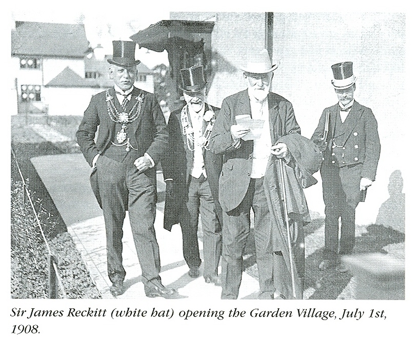 Sir James Reckitt (in white hat) with officials at the opening of the Garden Village, 1908.