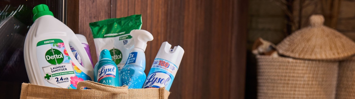 Assortment of household cleaning and disinfecting products displayed together on a white background