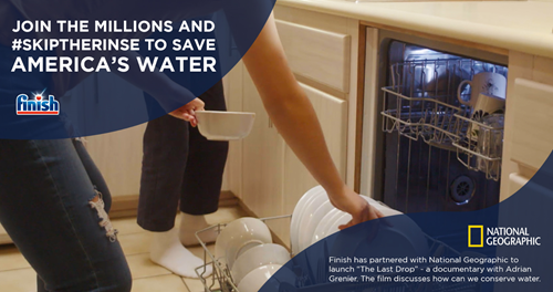 Finish and National Geographic campaign promoting water conservation beside a person loading a dishwasher