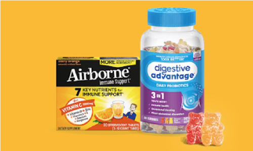 Airborne immune support tablets and Digestive Advantage probiotic gummies.
