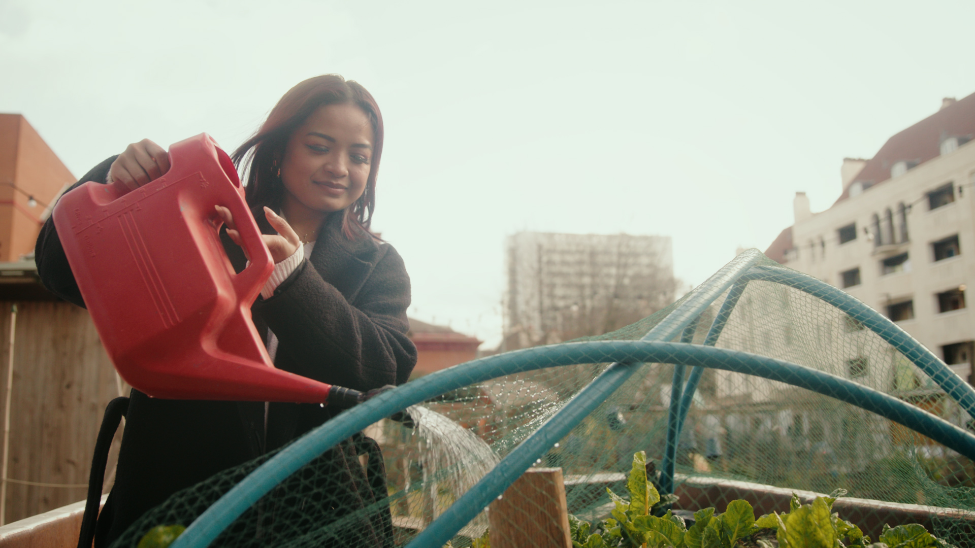 Woman watering plants in an urban garden