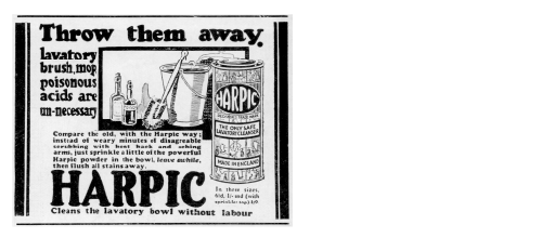 Vintage Harpic toilet cleaner advertisement with product illustration and text.
