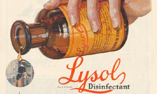 Vintage Lysol disinfectant advertisement with bottle pouring liquid.