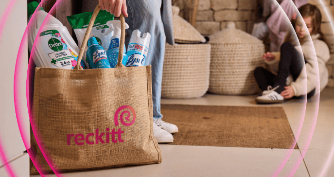 Reckitt products in a branded reusable shopping bag at home