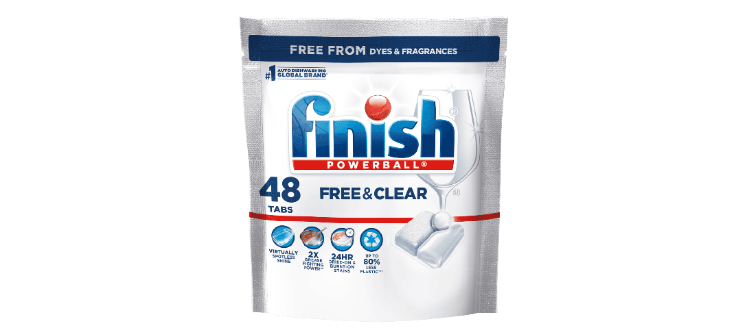 Finish Powerball Free & Clear dishwasher tablets, 48 count.