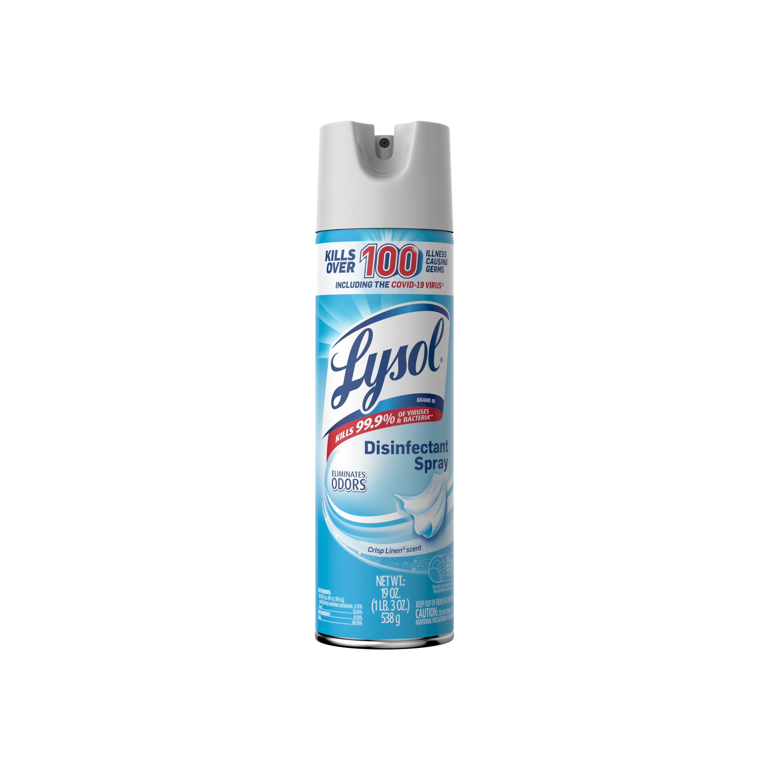 A can of Lysol Disinfectant Spray with a blue and white label, featuring claims of killing 99.9% of viruses and bacteria, including COVID-19.