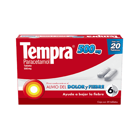 Tempra 500 mg paracetamol box for pain and fever relief.