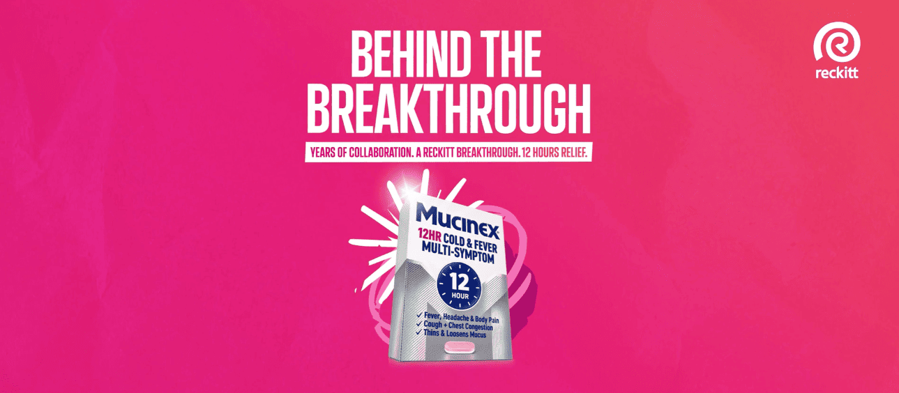 A Reckitt promotional graphic highlighting the Mucinex 12-hour cold and fever relief breakthrough