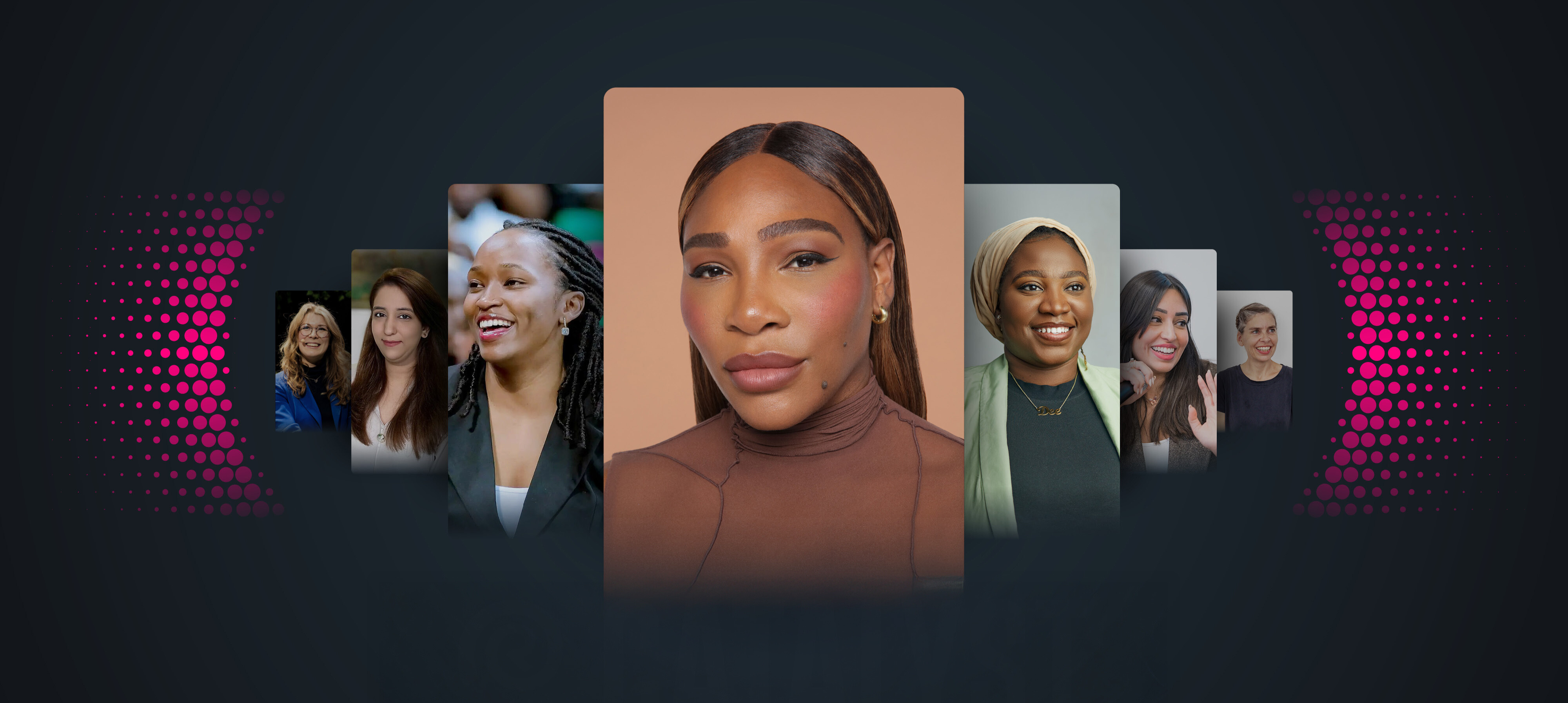 Collage of diverse women’s portraits with one central close-up.