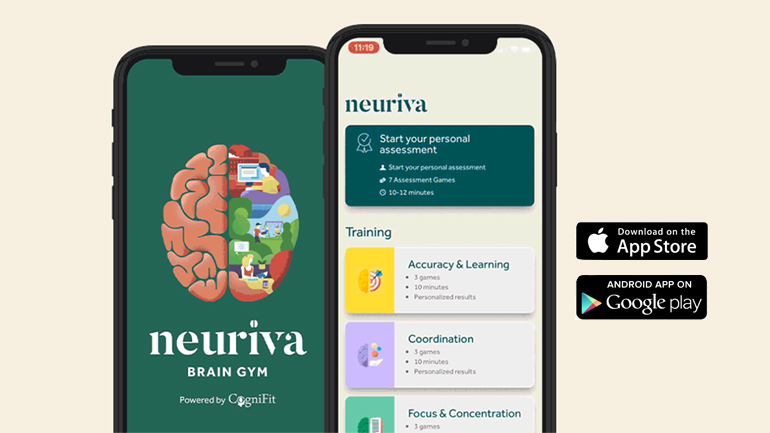 Two smartphones displaying the Neuriva Brain Gym mobile application interface next to App Store and Google Play download badges.