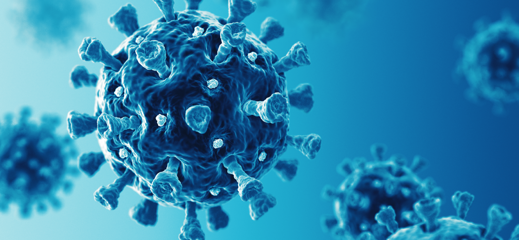 Close-up illustration of virus particles in a blue microscopic environment.