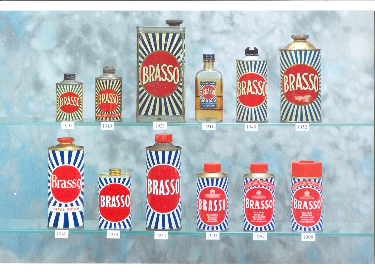 Collection of Brasso metal polish containers showing packaging evolution over time.